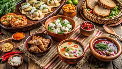 Mouthwatering Traditional Lithuanian Cuisine, Featuring A Rich Display Of Dumplings, Rye Bread, Pickled Vegetables, And Hearty Soups, Encircled By Woven Linens And Wooden Utensils.