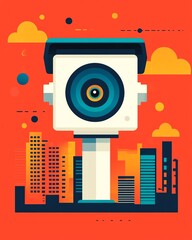 Flat design illustration of a security camera overlooking a city skyline.