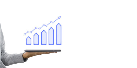 Fototapete - Hand holding a tablet with a blue ascending growth graph on a white background. Concept of business growth and technology