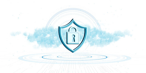 Poster - Digital security shield icon featuring a lock symbol, illustrated in a blue hue, set against a clean white background, representing cybersecurity. 3D Rendering