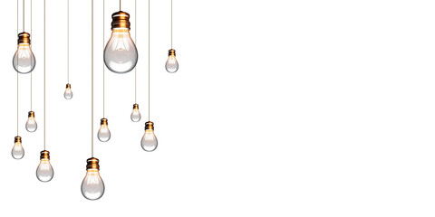 Leinwandbilder - Multiple light bulbs hanging from cords against a white background. Clean and minimalistic design. Concept of creativity and ideas. 3D Rendering
