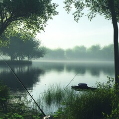 Sticker - Tranquil lake scene with fog, two fishing rods, and a boat on the water.