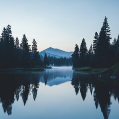 Tranquil lake with a misty mountain in the background at dawn.