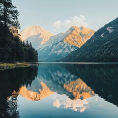 Canvas Print - Tranquil mountain lake reflecting the sunrise.