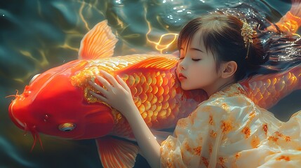 Wall Mural - there is a girl that is holding a big fish in her hand