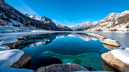 Wall Mural - there is a lake with snow on the rocks and a mountain in the background