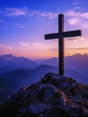 Wall Mural - Sunset Cross on Mountain