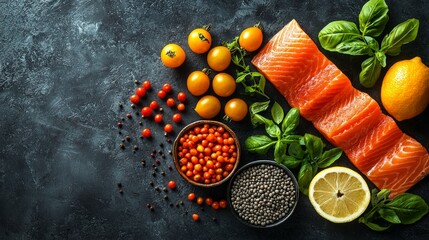 Fresh salmon with herbs and vegetables on a dark rustic table