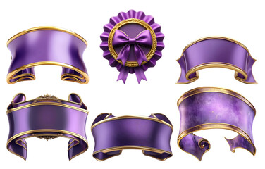 Purple decorative ribbon set with different shapes isolated on transparent background