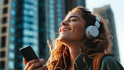 Wall Mural - Joyful young woman immersed in music with wireless headphones, standing behind a towering building