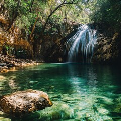 Poster - Tranquil waterfall cascading into a pristine pool.