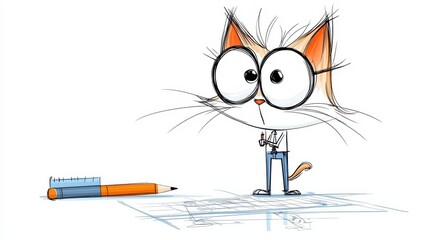 Cartoon Cat Mastermind Strategizing with Tactical Blueprint Diagram for Success in Planning