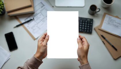 Person holding a blank white A4 sheet of paper with a workspace in the background. The paper is transparent for inserting image - PNG.