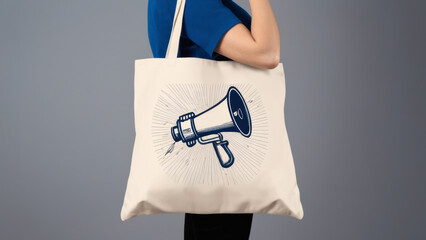 A woman holding a white canvas fabric tote bag with a print of a megaphone, for mockup blank template. on a colored background.