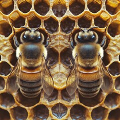 Two bees on a honeycomb, close up.