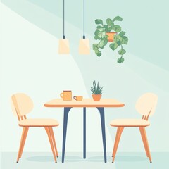 Two chairs and a table with a plant and hanging lights in a minimalist room.