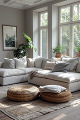 Wall Mural - A cozy, modern living room featuring a soft gray sectional sofa, complemented by wicker ottomans, indoor plants, large windows with natural light.