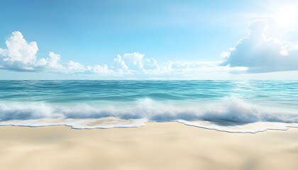 Wall Mural - Tranquil beach scene with white sandy beach and calm ocean water.