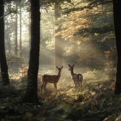 Poster - Two deer stand in a misty forest with sunlight shining through the trees.