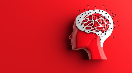 Poster - A white head with a red background. The head is surrounded by a web of black and white lines. The head is looking down and he is in a state of deep thought