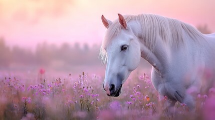 A Horse in a Flowering Field at Dawn, Analyze the peaceful beauty of a horse standing in a flowering field, bathed in the soft, pinkish light of dawn.