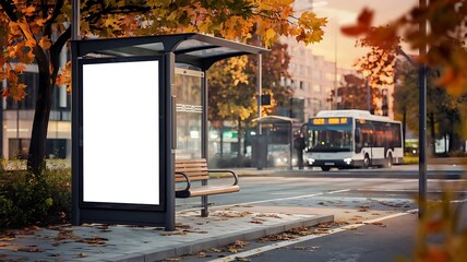 Wall Mural - A bus stop with an empty advertising billboard in an urban setting with fallen leaves on the ground and a bus passing by in the background. Generative AI