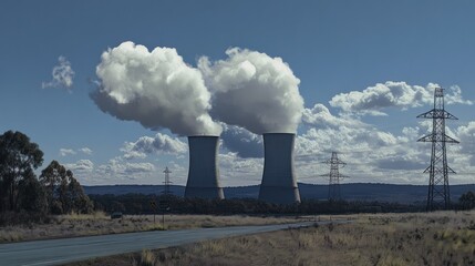 Power plant towers with steam rising on a clear day.