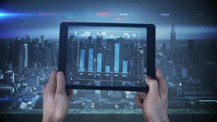 Wall Mural - Animation of data processing over caucasian man using tablet and cityscape