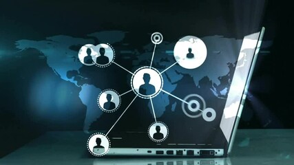 Poster - Animation of network of connections with people icons and data processing over laptop