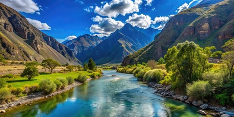 Scenic Landscape Of The Tranquil Rimac River Surrounded By Lush Greenery And Towering Mountains Under A Clear Blue Sky In Peru