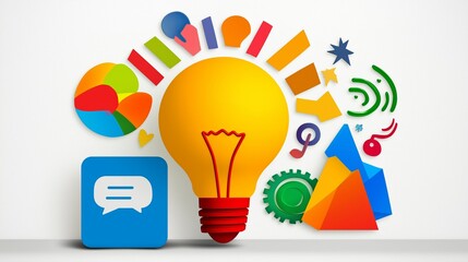 Poster - A light bulb is surrounded by various shapes and symbols, including a blue square with a chat bubble. Concept of creativity and innovation, as the light bulb represents a new idea or concept