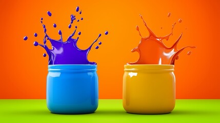 Poster - Two jars of paint, one blue and one orange, are splattered with paint, creating a colorful and dynamic scene