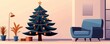 © Chayan - Christmas tree with tinsel and ornaments in a cozy room, flat design, front view, holiday family gathering theme, cartoon drawing, Triadic Color Scheme