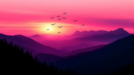 Wall Mural - Pink sunset over mountain range with silhouettes of trees and birds.