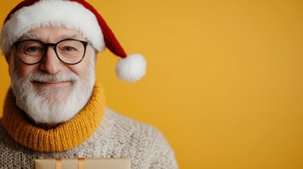 A smiling elderly man with a white beard wears a Santa hat and holds a gift box against a yellow background, spreading holiday cheer, warmth, and festive spirit.