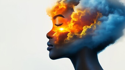 Wall Mural - A woman's face is shown with a cloud of smoke surrounding it. The smoke is orange and blue, and it seems to be emanating from the woman's eyes. Concept of mystery and intrigue