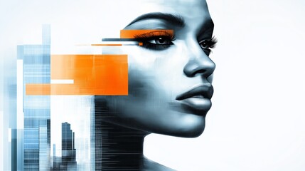 Wall Mural - A woman's face is shown with a city background