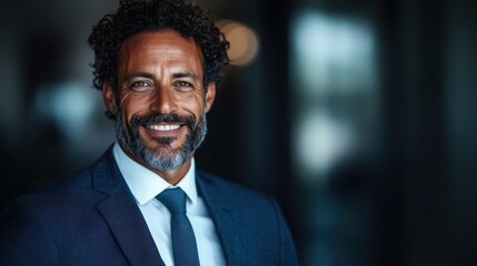 A businessman with curly hair and a trimmed beard smiles confidently in a dark blue suit, standing indoors in a softly lit room that emphasizes his professional and approachable demeanor.