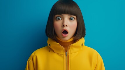 Wall Mural - A woman with short brown hair and a yellow jacket is looking surprised