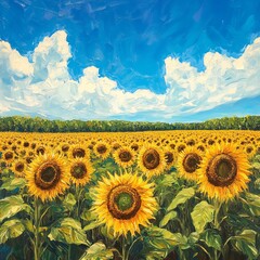 Poster - Vibrant yellow sunflowers in a field under a blue sky with puffy clouds.