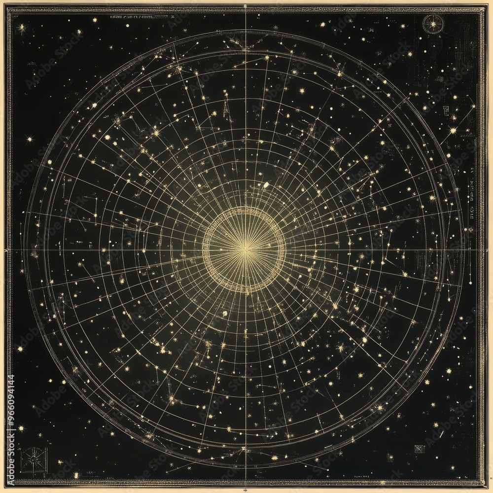 Vintage celestial chart with constellations and stars. Stock ...