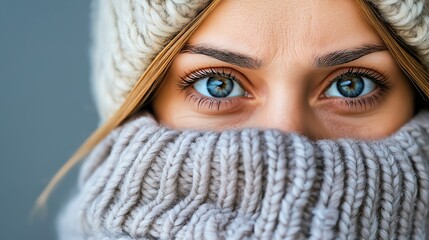 Poster - A woman with blue eyes is wearing a white hat and a scarf. The scarf is wrapped around her neck and head, covering her face