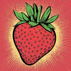 Poster - Vintage Illustration of a Strawberry with a Sunburst Background.