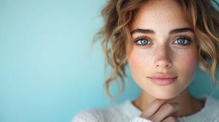 A woman with captivating blue eyes and freckles poses gracefully against a pastel blue wall, wearing casual white attire, bringing out her youthful beauty and serene demeanor.