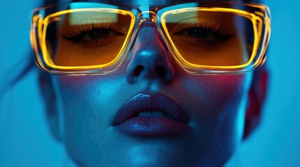 An artistic shot of reflective eyewear showcased against a vivid blue background, creating a striking contrast that highlights the glasses' intricate design.