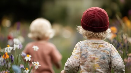 Two young children explore a beautiful flower meadow, surrounded by colorful petals and vibrant plants, creating a picturesque scene of discovery and childhood wonder.