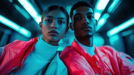 A fashionable young couple poses with attitude in a vibrant setting illuminated by neon lights, representing contemporary urban style and a bold, confident outlook in modern times.