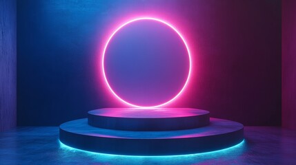 Wall Mural - A neon blue and pink circle is on a stage