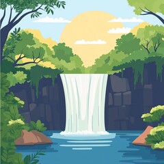 Poster - Waterfall cascading into a pool of water surrounded by lush greenery and a bright sun in the sky.