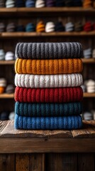 Canvas Print - A stack of knit sweaters on a wooden table